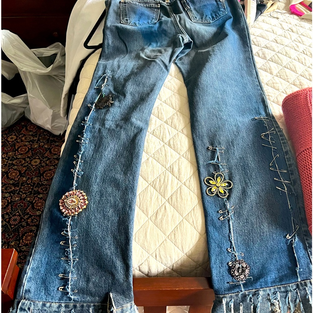 Dolce & Gabbana Indigo Denim Graffiti Punk Jeans with Safety Pins SS 2001 Runway